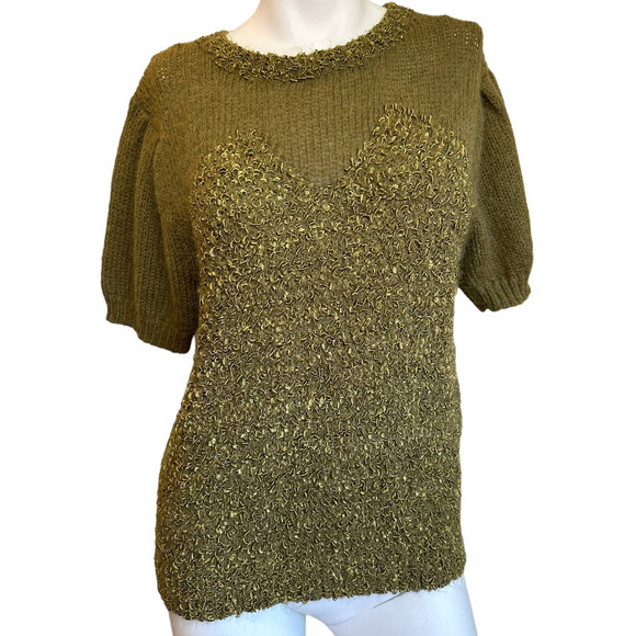 Hand Made One of a Kind Knit Short Sleeve Olive Green Sweater sz S/M - Picture 1 of 4